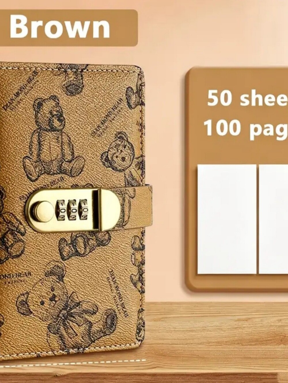 Cute Bear Brown Lockable 100 Day SAVINGS Notebook Wallet - Gold Hardware